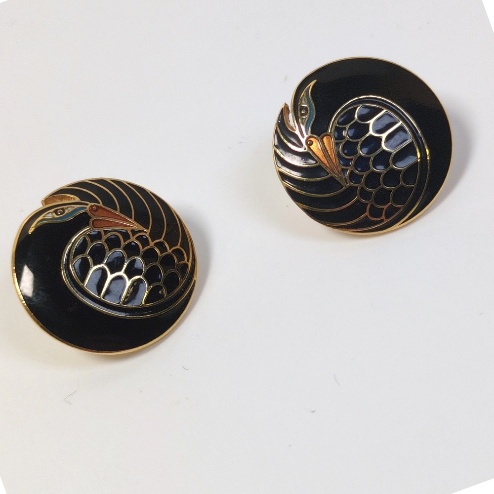 Vtg Laurel Burch Mynah Bird Earrings Black Teal Gold Cloisonne Enamel Studs